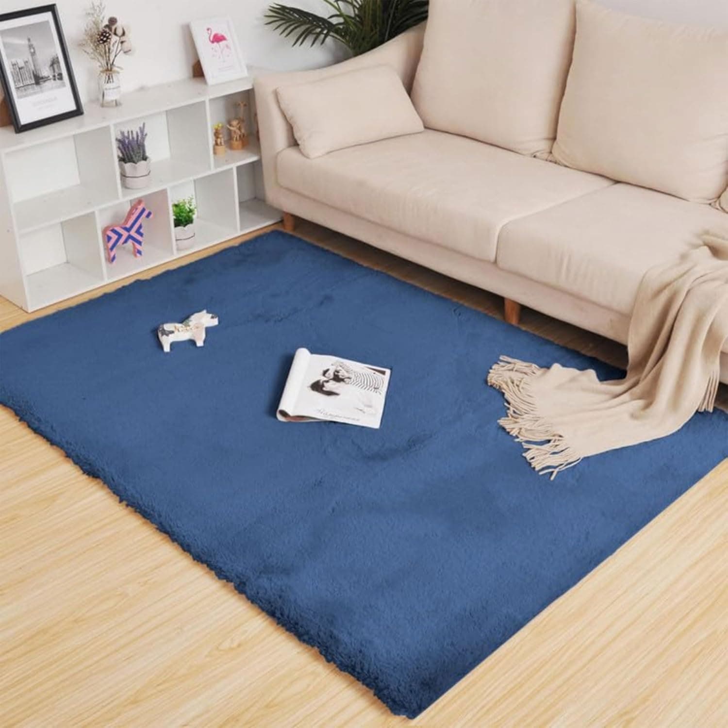 Natural Rabbit Fur Luxury Floor Rug Blue Color - Thumbnail 1