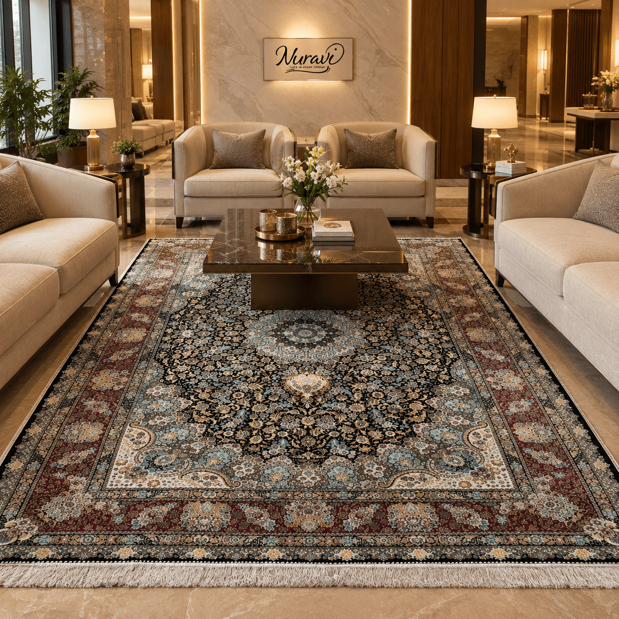 Premium Iranian Silk on Silk Carpet – 1500 Reed Floral Medallion | Nuravi - Thumbnail 2