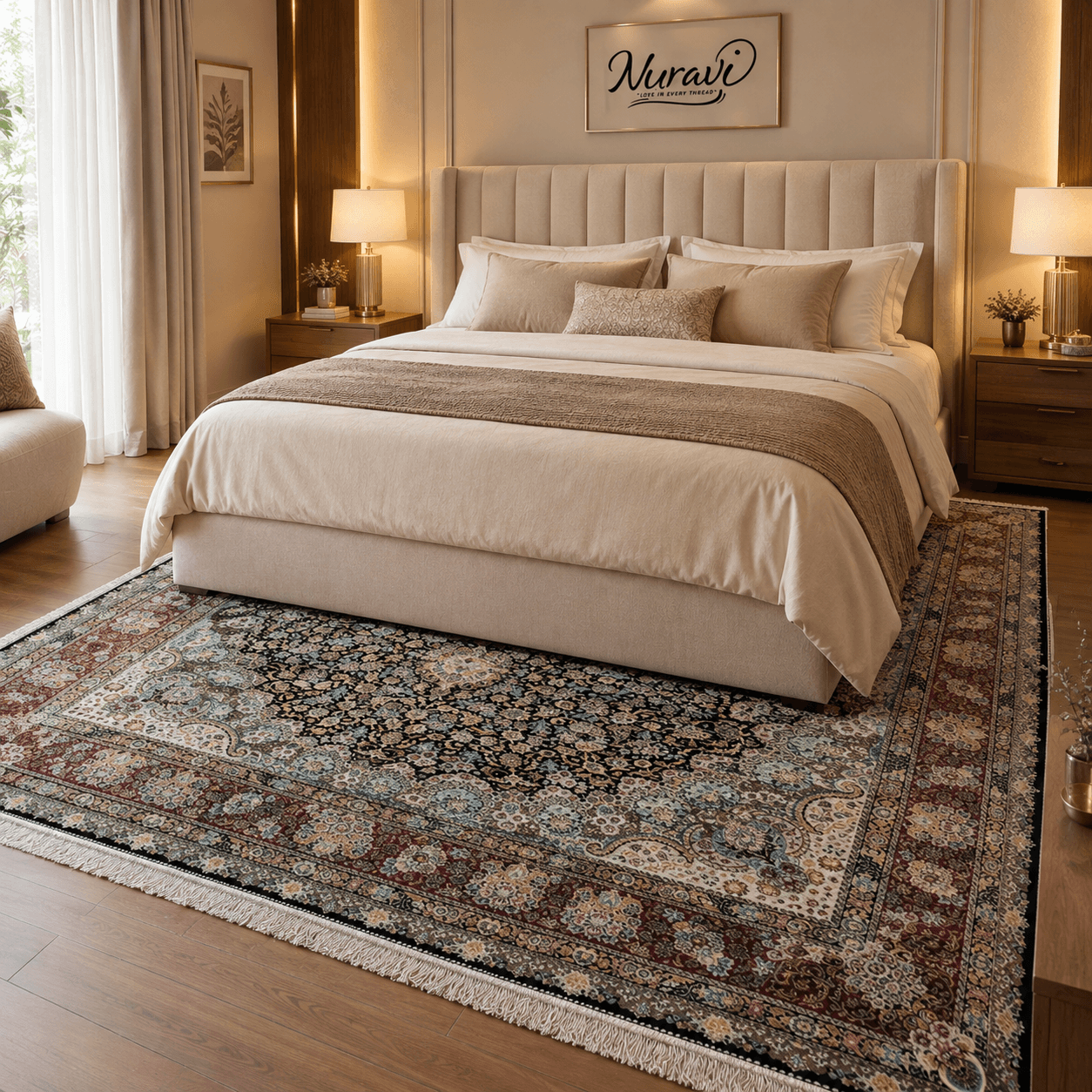 Premium Iranian Silk on Silk Carpet – 1500 Reed Floral Medallion | Nuravi - Thumbnail 3