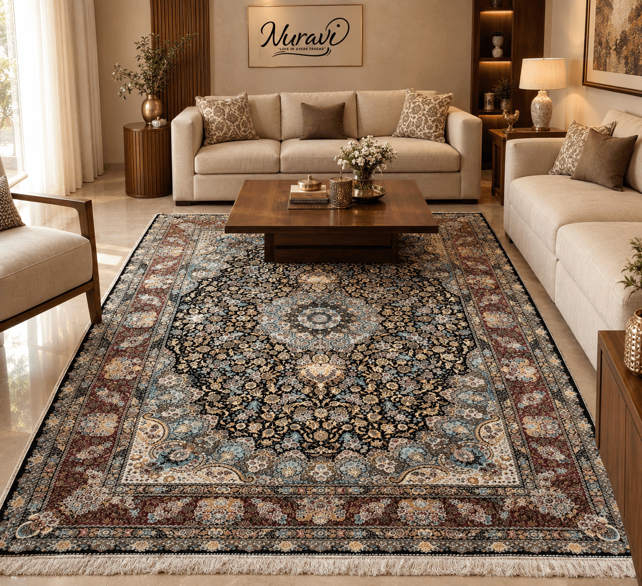 Premium Iranian Silk on Silk Carpet – 1500 Reed Floral Medallion | Nuravi - Thumbnail 4