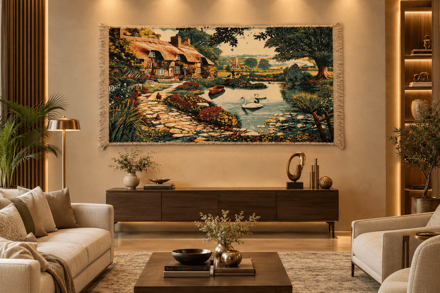 Scenic Landscape Wall Hanging Carpet – Cottage & Swan Lake Tapestry - Thumbnail 1