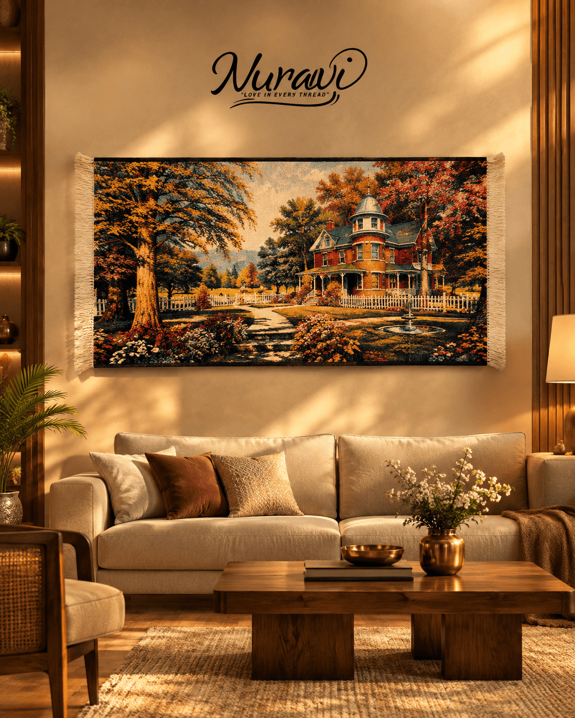 Acrylic Irani Carpet – Elegant Autumn House Landscape Wall Hanging - Thumbnail 1