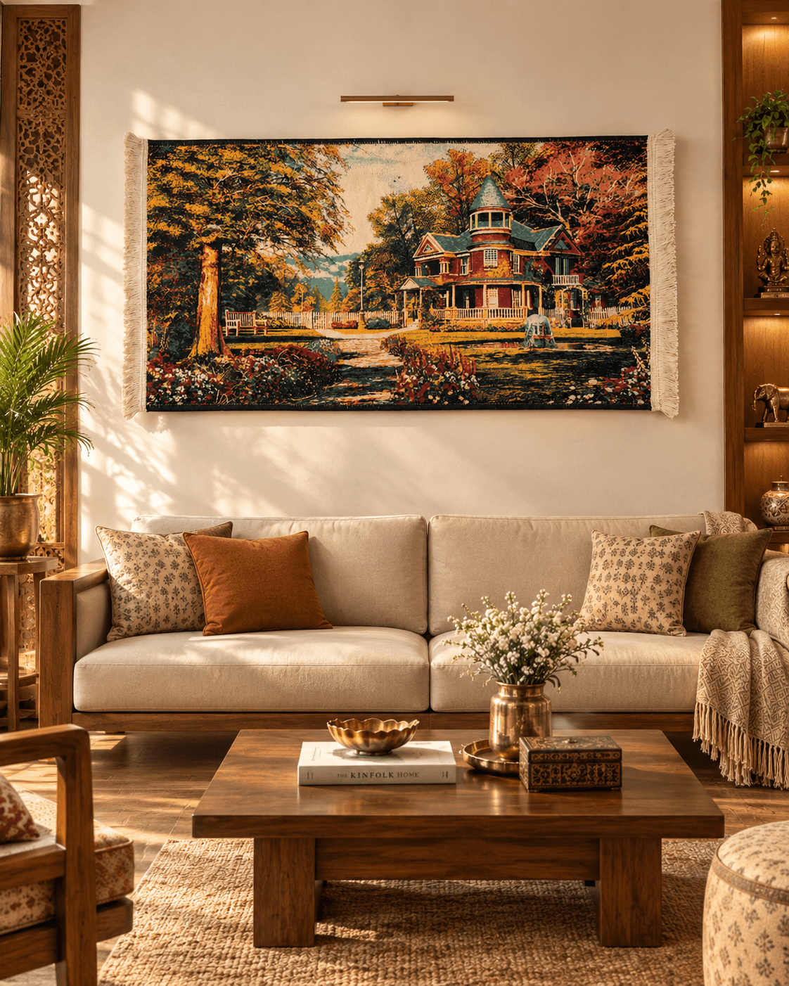 Acrylic Irani Carpet – Elegant Autumn House Landscape Wall Hanging - Thumbnail 2
