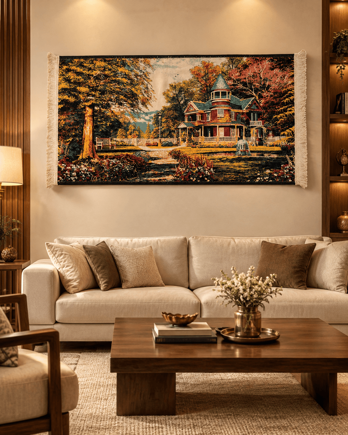 Acrylic Irani Carpet – Elegant Autumn House Landscape Wall Hanging - Thumbnail 3