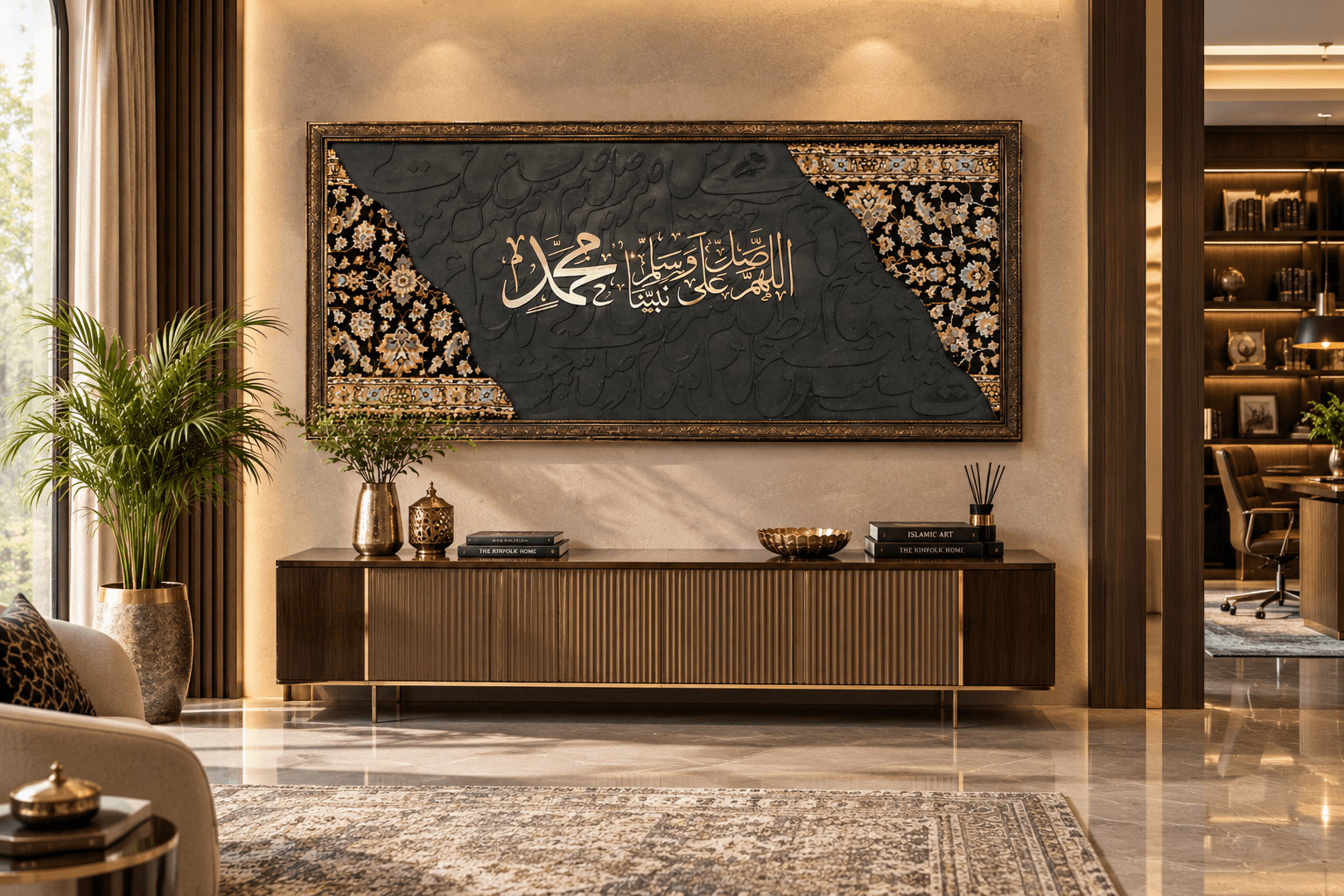 Hand-Cut Islamic Calligraphy Carpet Wall Art – Black & Gold | Nuravi Carpet - Thumbnail 1