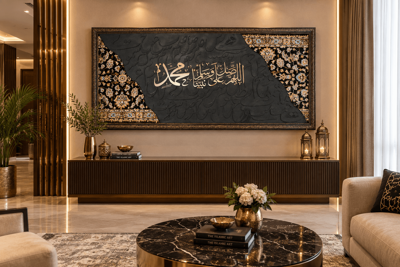 Hand-Cut Islamic Calligraphy Carpet Wall Art – Black & Gold | Nuravi Carpet - Thumbnail 2