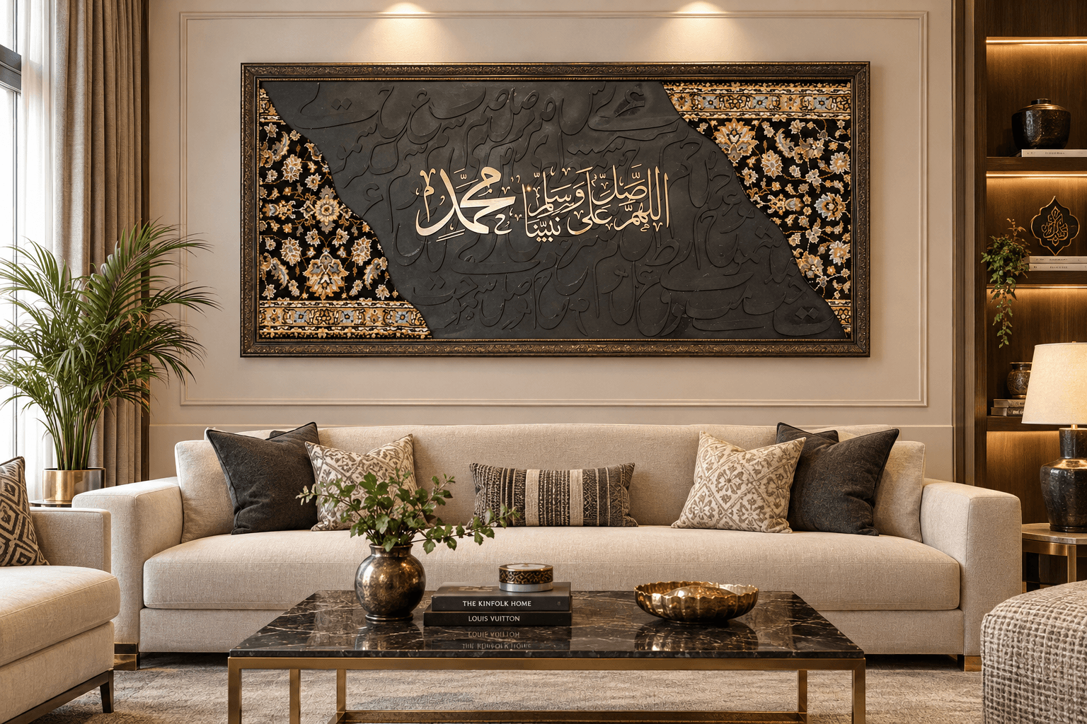 Hand-Cut Islamic Calligraphy Carpet Wall Art – Black & Gold | Nuravi Carpet - Thumbnail 3
