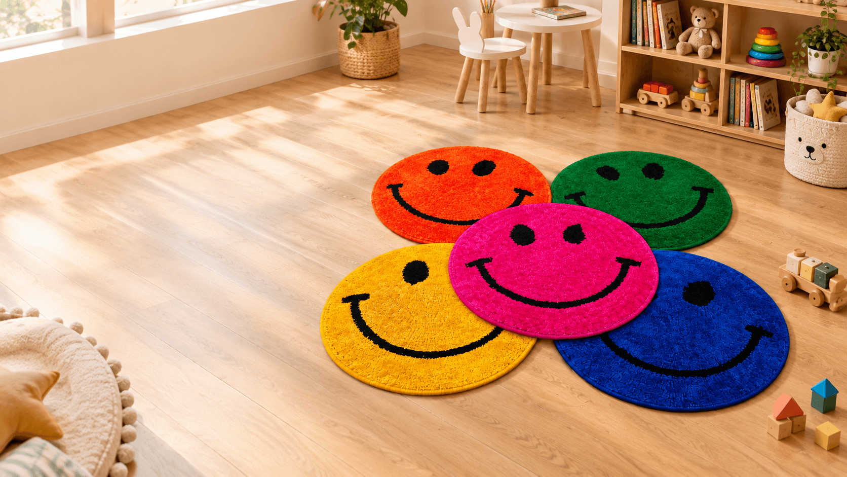 Colorful Smiley Face Round Tufted Rug for Kids | Nursery & Playroom Carpet - Thumbnail 1
