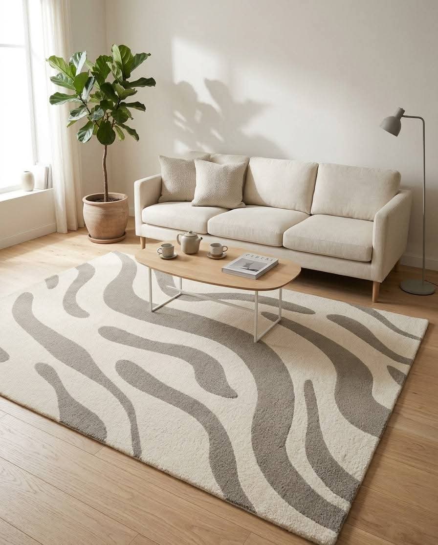 Nuravi Modern Abstract Beige Grey Area Rug for Living Room - Thumbnail 1