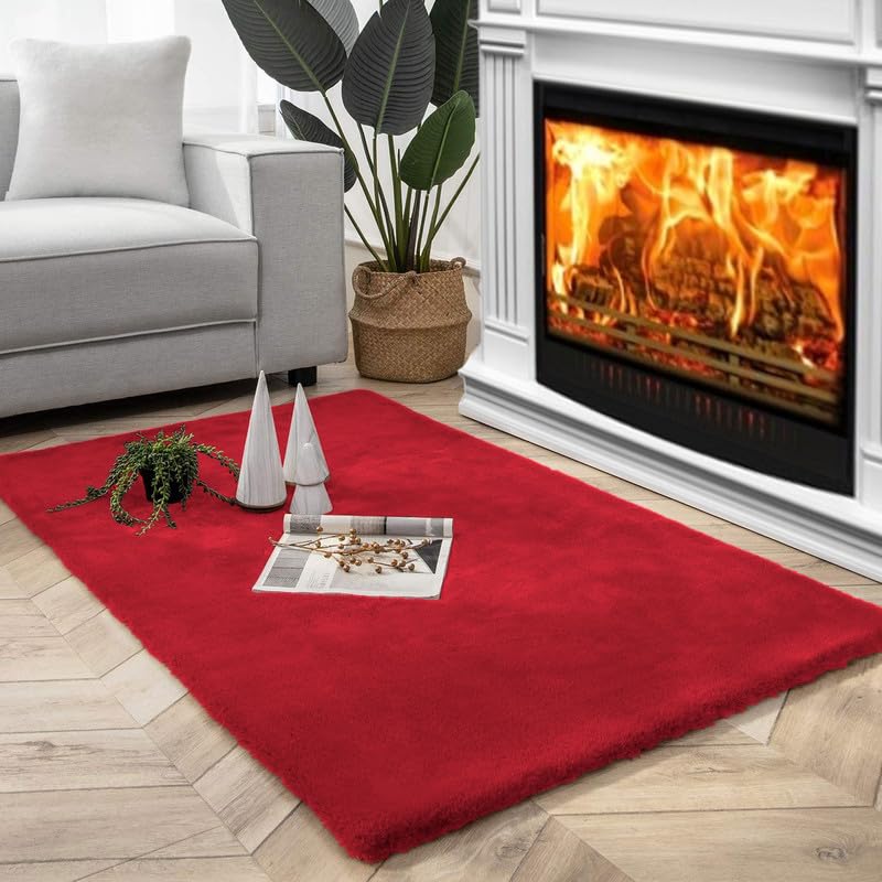 Designer Rabbit Fur Carpet for Living Room Red Color - View 1