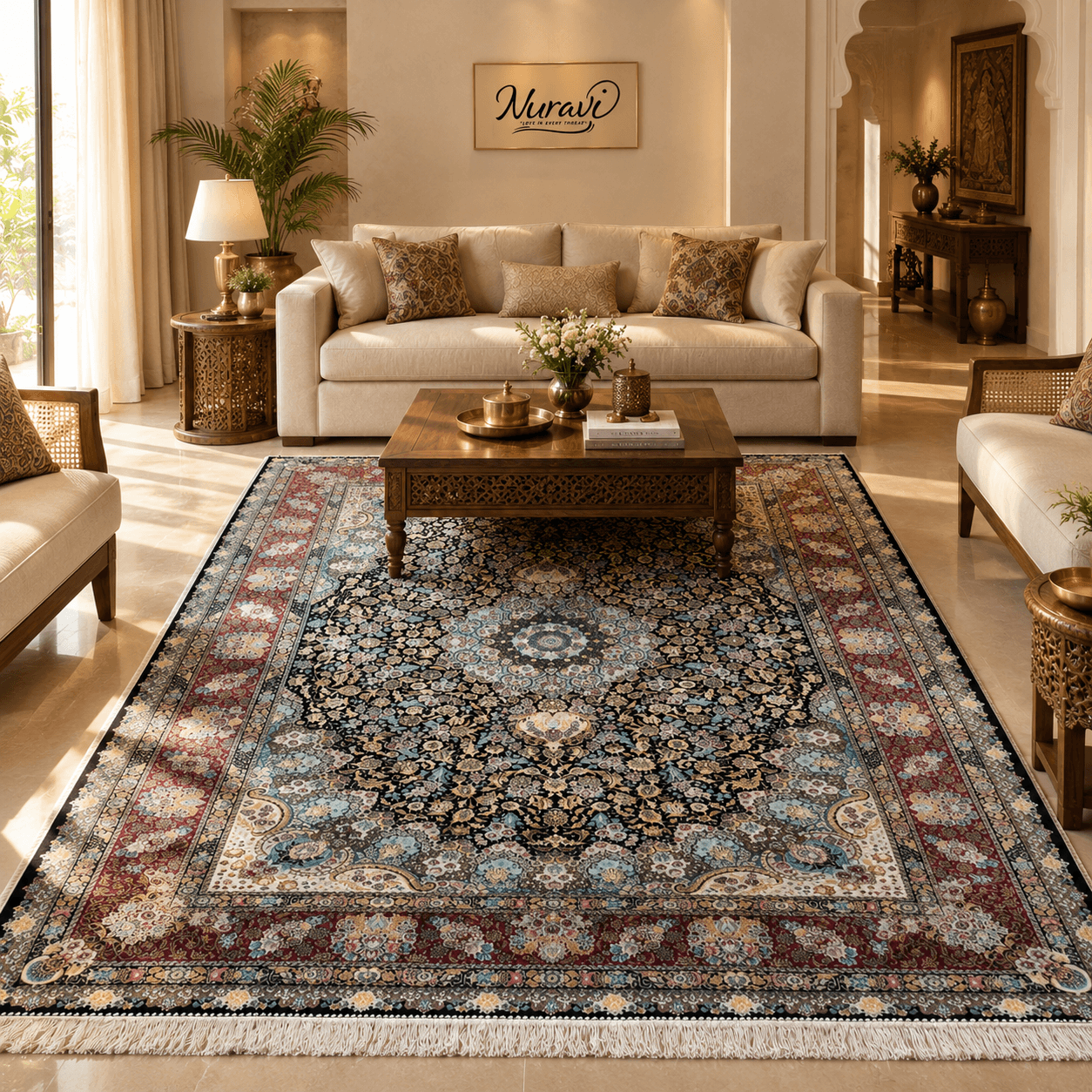 Premium Iranian Silk on Silk Carpet – 1500 Reed Floral Medallion | Nuravi - View 1