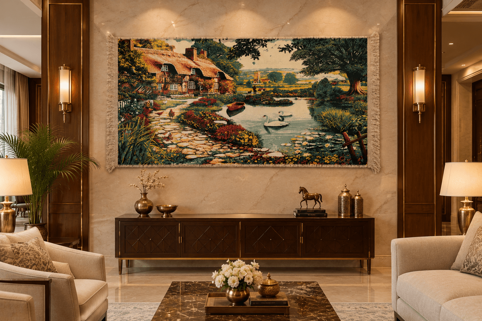 Scenic Landscape Wall Hanging Carpet – Cottage & Swan Lake Tapestry - View 2