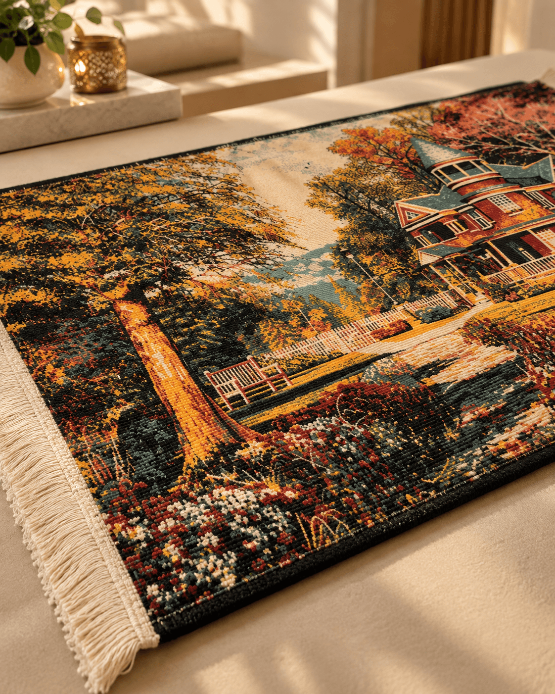 Acrylic Irani Carpet – Elegant Autumn House Landscape Wall Hanging - View 4