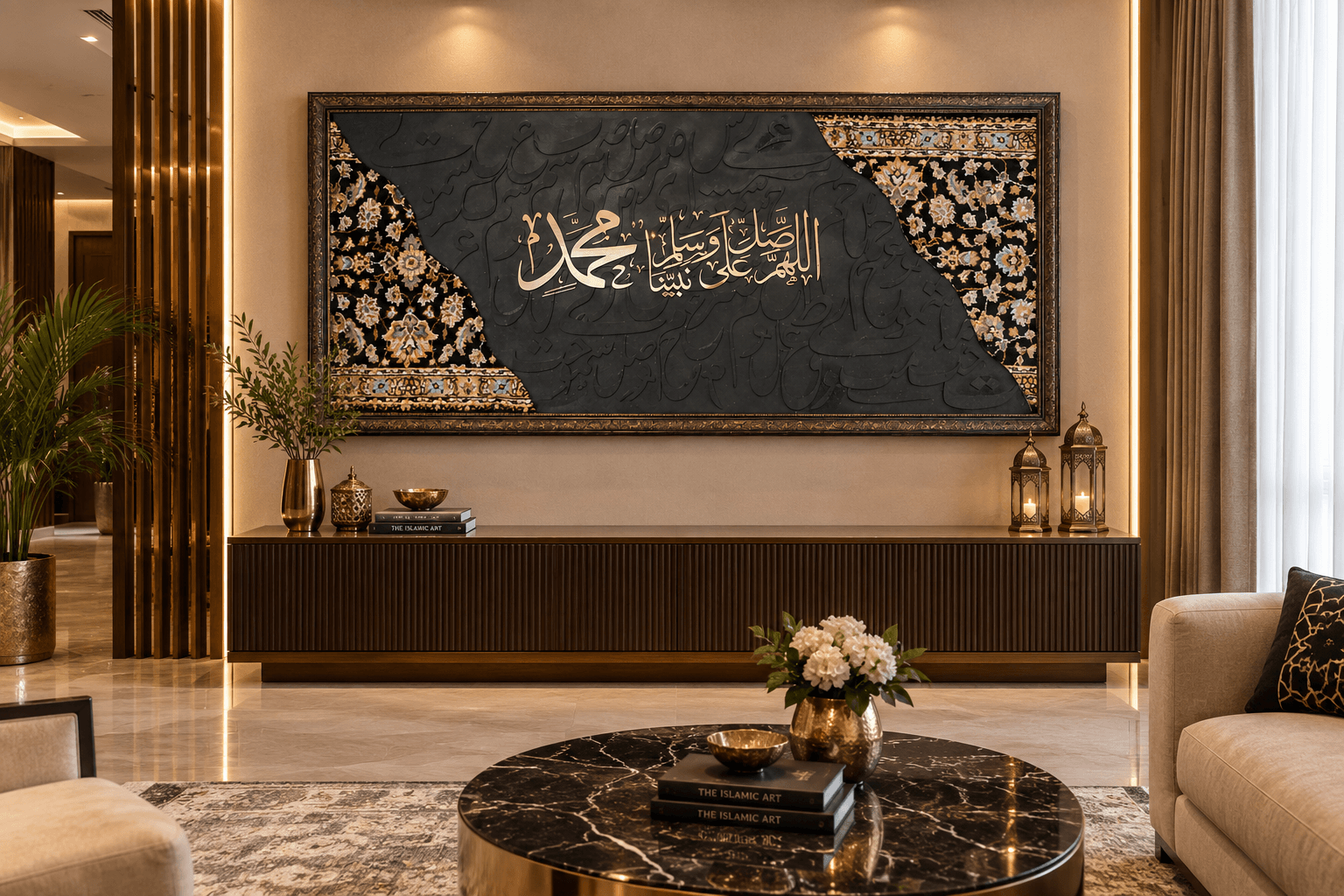 Hand-Cut Islamic Calligraphy Carpet Wall Art – Black & Gold | Nuravi Carpet - View 2