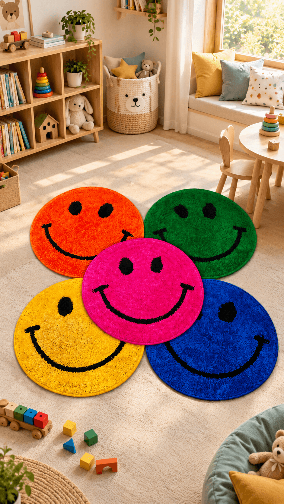Colorful Smiley Face Round Tufted Rug for Kids | Nursery & Playroom Carpet - View 3