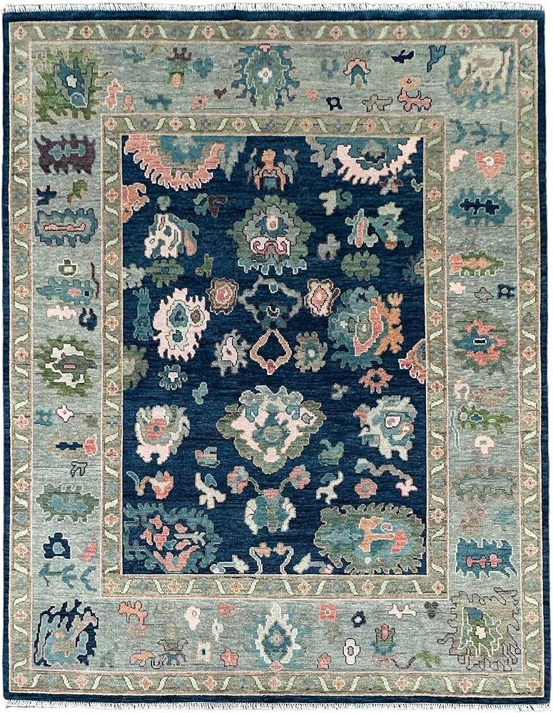 Navy Blue & Sage Green Handwoven Traditional Area Rug - Handmade Carpet by Nuravi