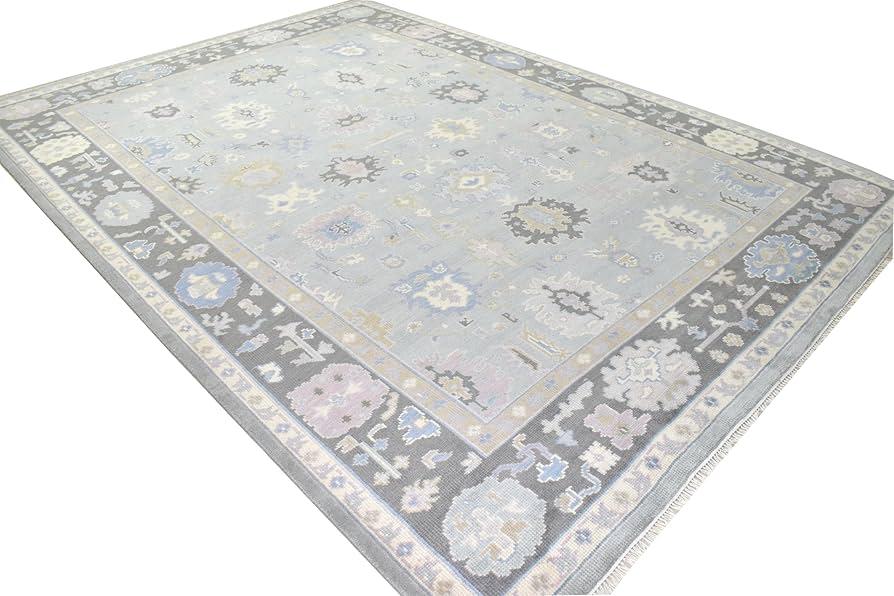Handcrafted Grey & Pastel Border Area Rug - Handmade Carpet by Nuravi